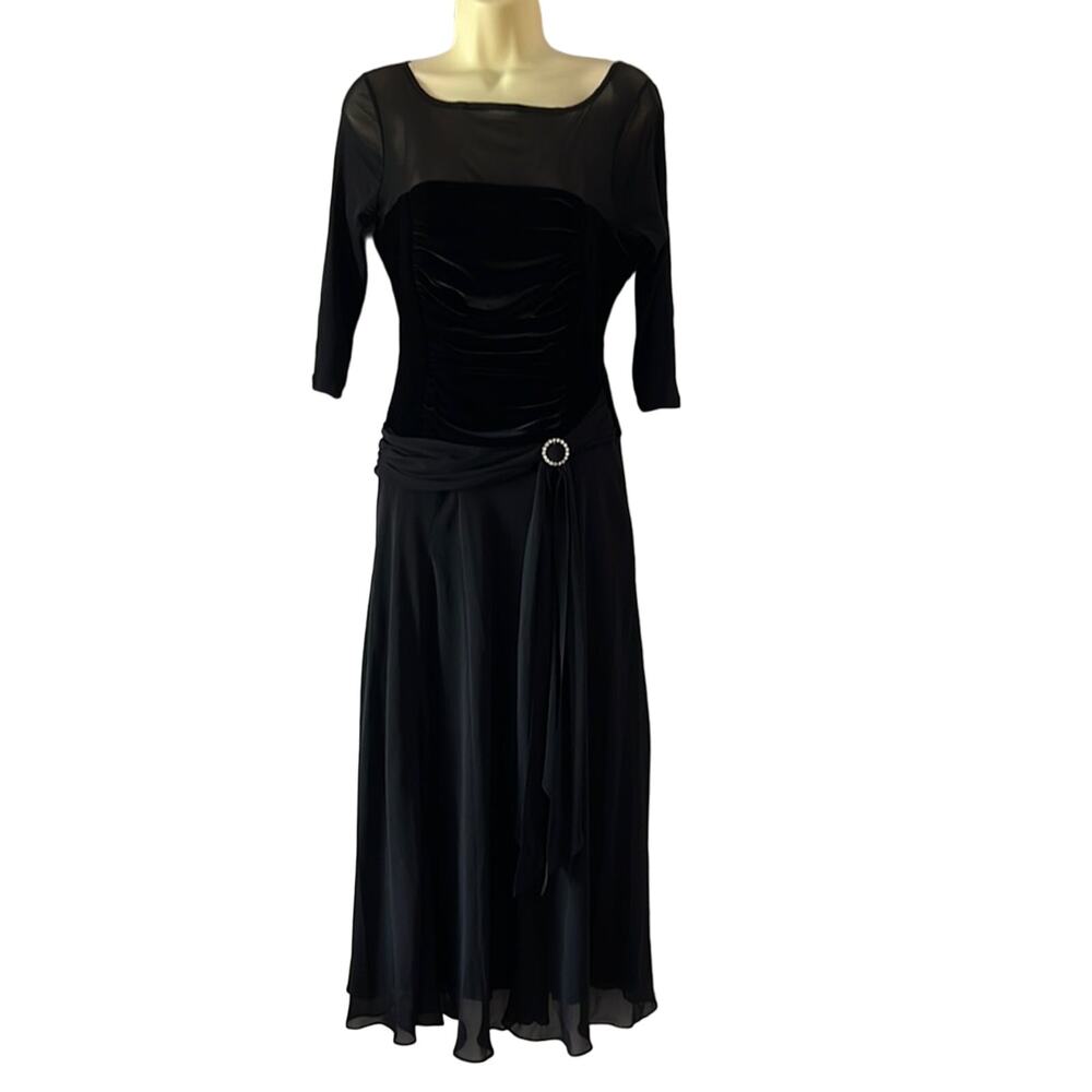 Sangria Black Velvet & Chiffon Midi Formal Cocktail Dress Woman Size 12